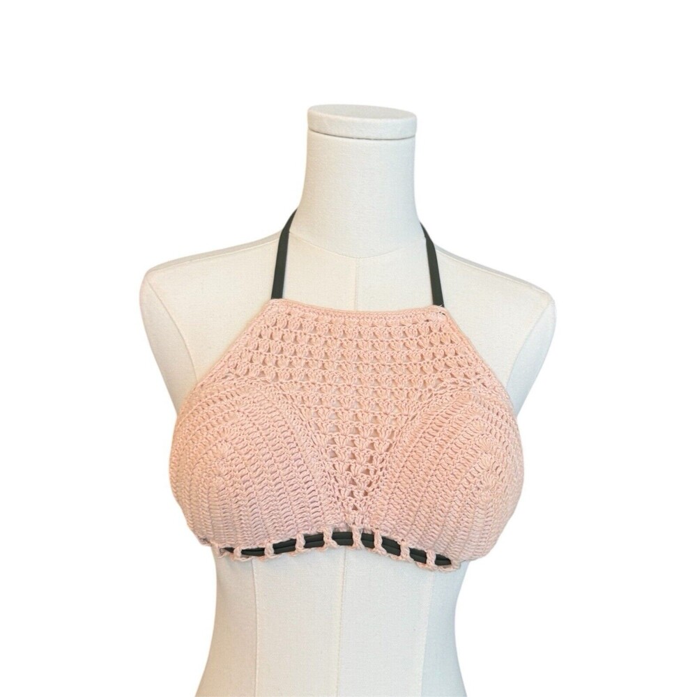 Boho Unique CROCHET HIGH NECK BIKINI TOP In PINK GREEN STRAPS XS